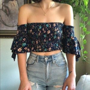 Off Shoulder Crop Top Smocked Floral Flowy Sleeves
